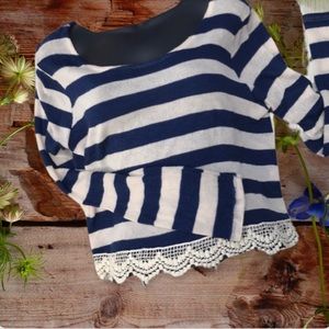 Adorable Blue and cream sweater with lace bottom